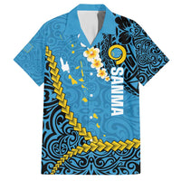 Sanma Province Family Matching Puletasi and Hawaiian Shirt Vanuatu Pattern Myna Bird - Plumeria Flag Color LT14 Dad's Shirt - Short Sleeve Blue - Polynesian Pride