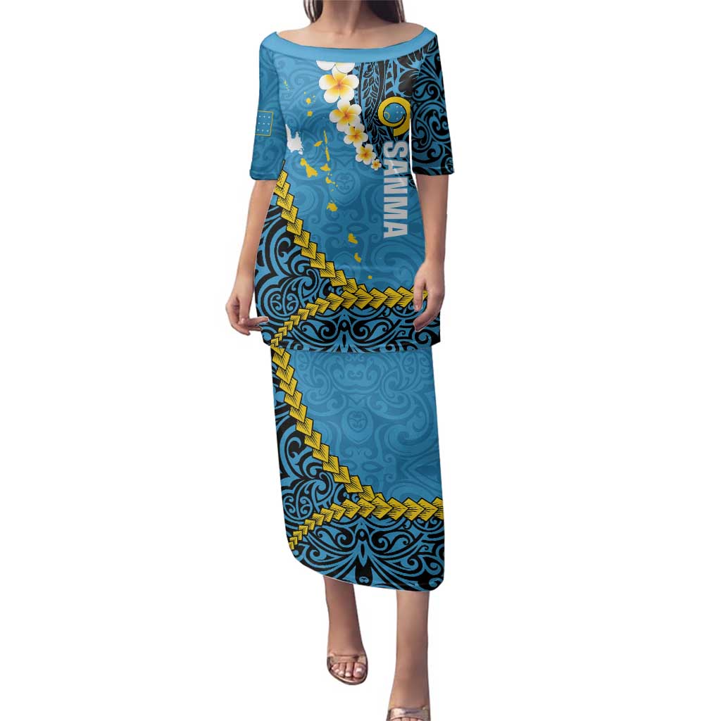 Sanma Province Family Matching Puletasi and Hawaiian Shirt Vanuatu Pattern Myna Bird - Plumeria Flag Color LT14 Mom's Dress Blue - Polynesian Pride