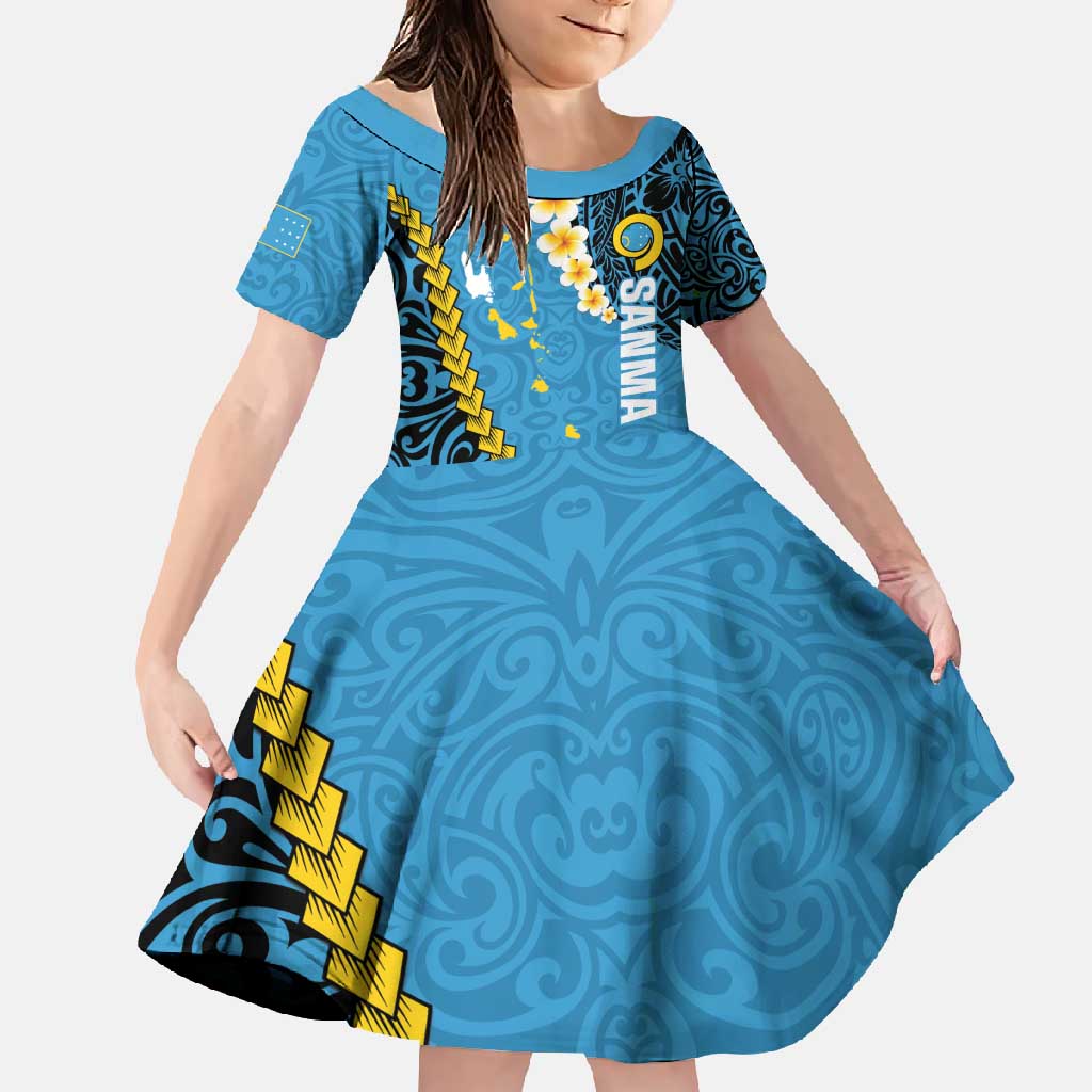 Sanma Province Family Matching Short Sleeve Bodycon Dress and Hawaiian Shirt Vanuatu Pattern Myna Bird - Plumeria Flag Color LT14 Daughter's Dress Blue - Polynesian Pride