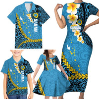 Sanma Province Family Matching Short Sleeve Bodycon Dress and Hawaiian Shirt Vanuatu Pattern Myna Bird - Plumeria Flag Color LT14 - Polynesian Pride
