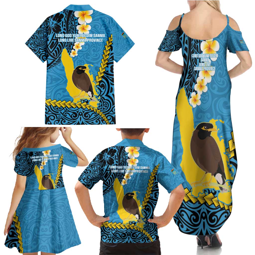 Sanma Province Family Matching Summer Maxi Dress and Hawaiian Shirt Vanuatu Pattern Myna Bird - Plumeria Flag Color