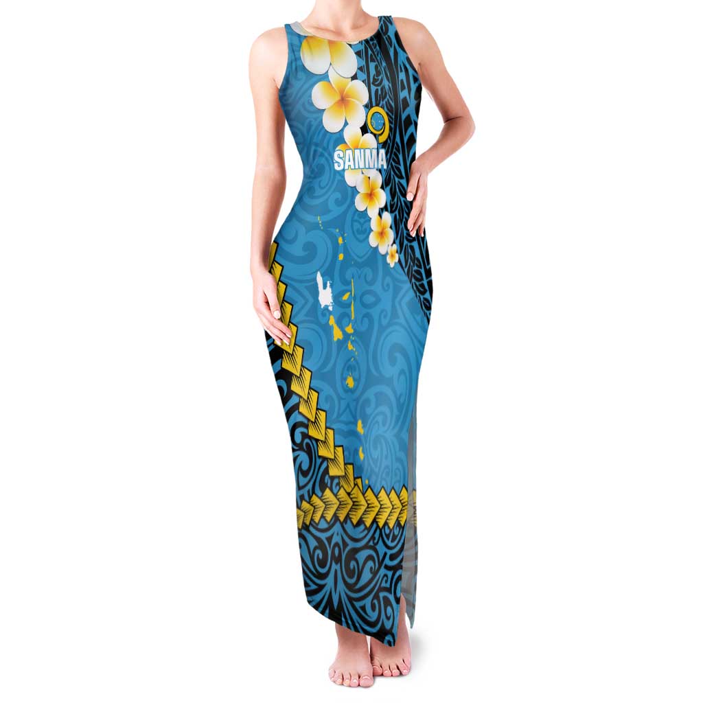 Sanma Province Family Matching Tank Maxi Dress and Hawaiian Shirt Vanuatu Pattern Myna Bird - Plumeria Flag Color