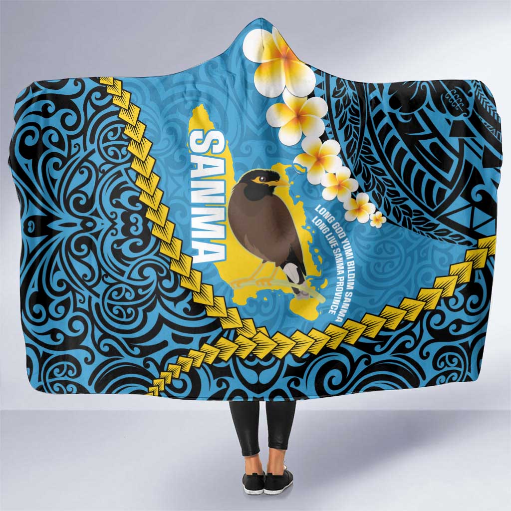 Sanma Province Hooded Blanket Vanuatu Pattern Myna Bird - Plumeria Flag Color