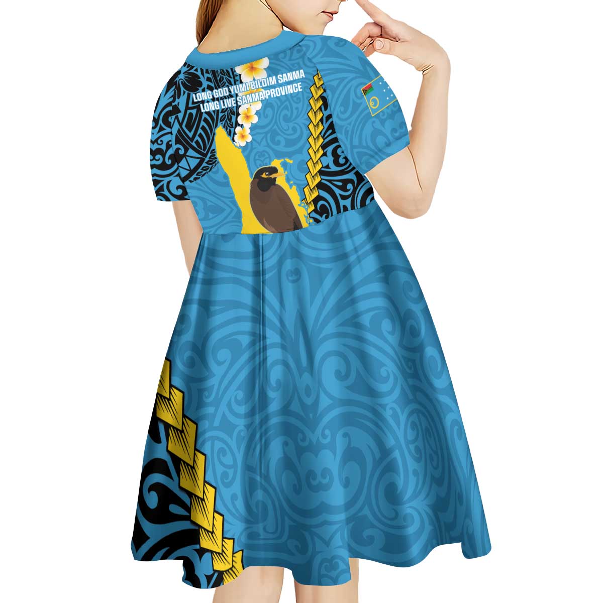 Sanma Province Kid Short Sleeve Dress Vanuatu Pattern Myna Bird - Plumeria Flag Color