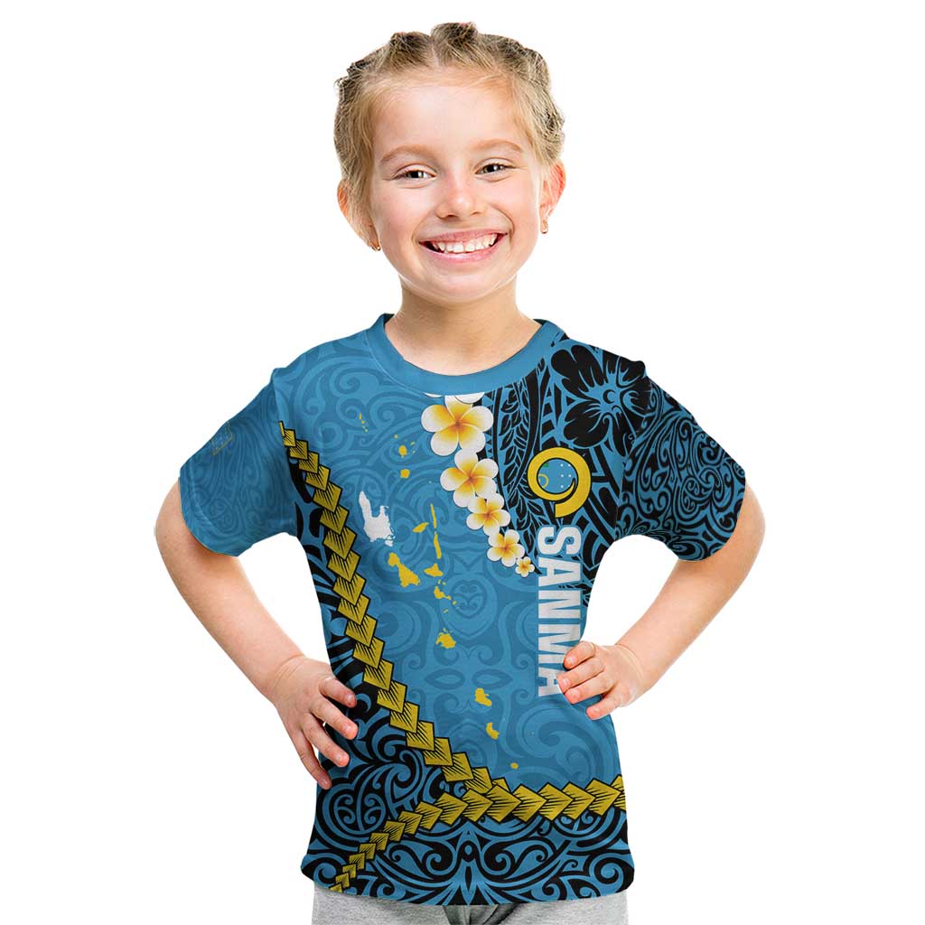Sanma Province Kid T Shirt Vanuatu Pattern Myna Bird - Plumeria Flag Color