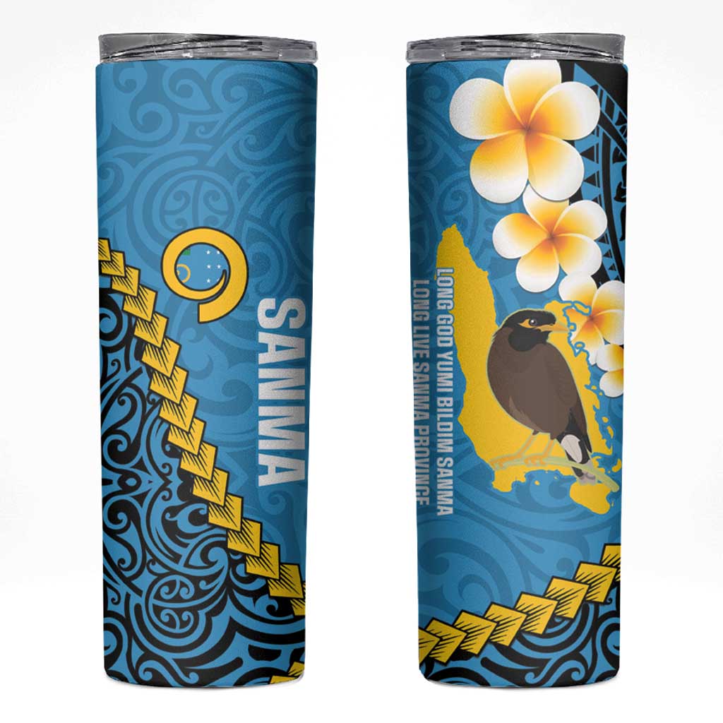 Sanma Province Skinny Tumbler Vanuatu Pattern Myna Bird With Plumeria Flag Color