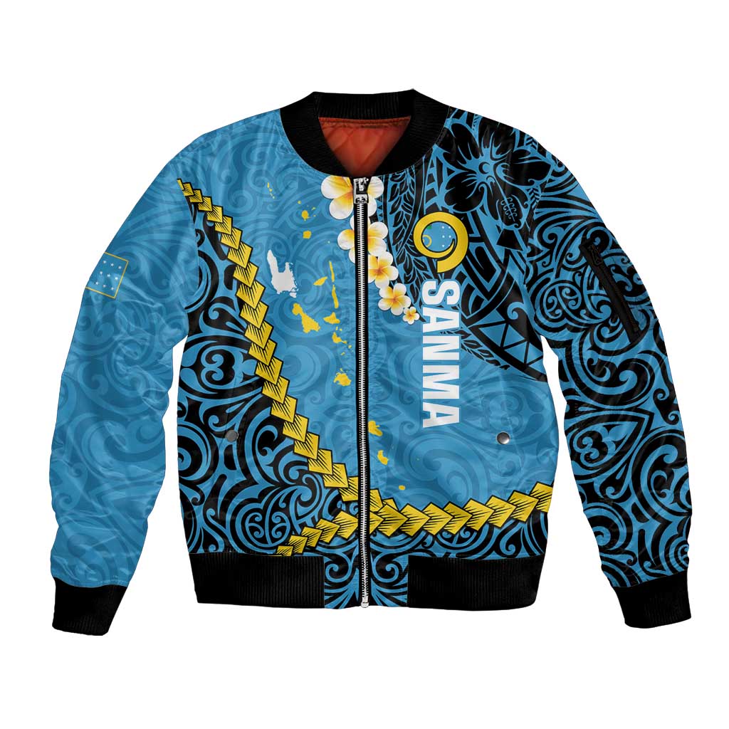 Sanma Province Sleeve Zip Bomber Jacket Vanuatu Pattern Myna Bird - Plumeria Flag Color