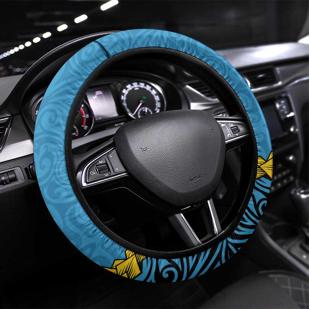 Sanma Province Steering Wheel Cover Vanuatu Pattern Myna Bird - Plumeria Flag Color