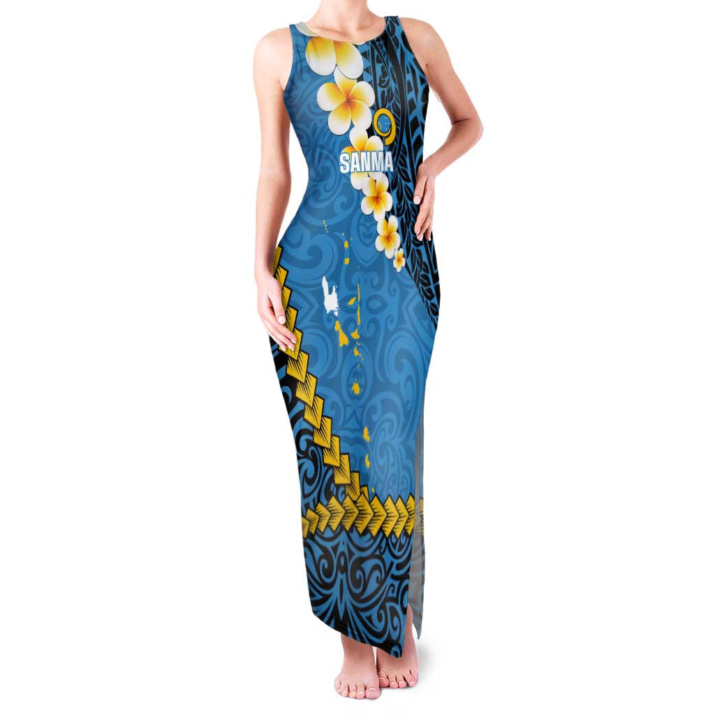 Sanma Province Tank Maxi Dress Vanuatu Pattern Myna Bird - Plumeria Flag Color