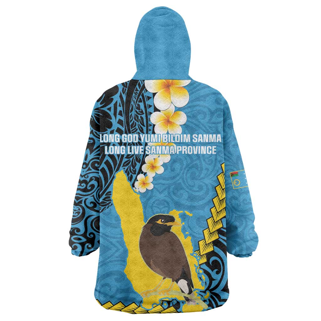 Sanma Province Wearable Blanket Hoodie Vanuatu Pattern Myna Bird - Plumeria Flag Color