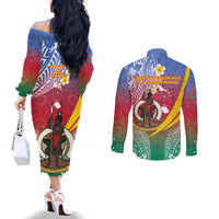Shefa Province Couples Matching Off The Shoulder Long Sleeve Dress and Long Sleeve Button Shirt Vanuatu Pattern Map - Plumeria Flag Color LT14 - Polynesian Pride