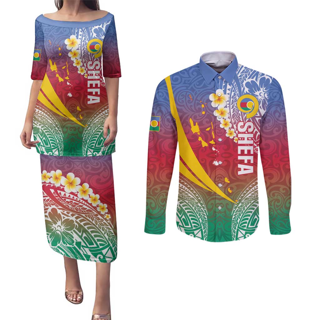 Shefa Province Couples Matching Puletasi and Long Sleeve Button Shirt Vanuatu Pattern Map - Plumeria Flag Color