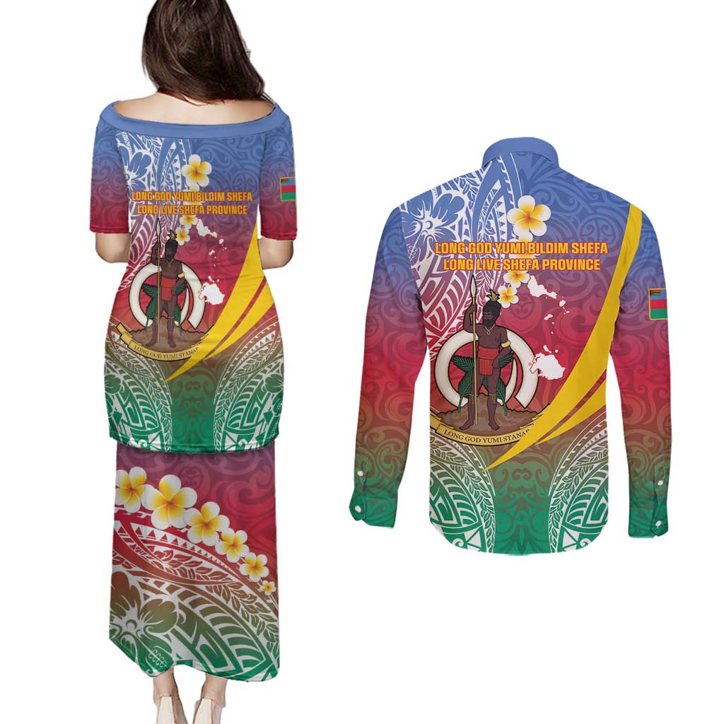 Shefa Province Couples Matching Puletasi and Long Sleeve Button Shirt Vanuatu Pattern Map - Plumeria Flag Color