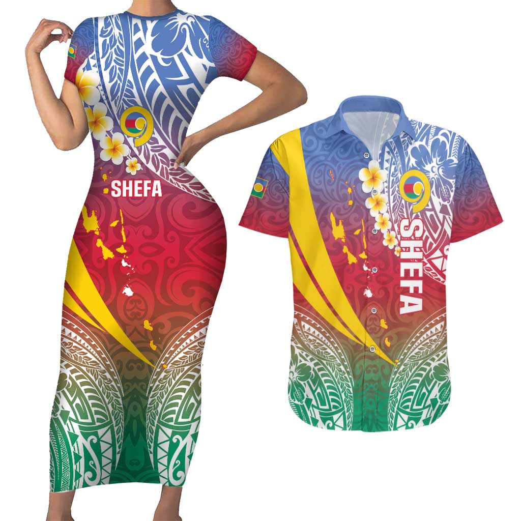 Shefa Province Couples Matching Short Sleeve Bodycon Dress and Hawaiian Shirt Vanuatu Pattern Map - Plumeria Flag Color