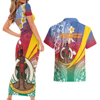 Shefa Province Couples Matching Short Sleeve Bodycon Dress and Hawaiian Shirt Vanuatu Pattern Map - Plumeria Flag Color