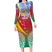 Shefa Province Family Matching Long Sleeve Bodycon Dress and Hawaiian Shirt Vanuatu Pattern Map - Plumeria Flag Color LT14 Mom's Dress Red - Polynesian Pride