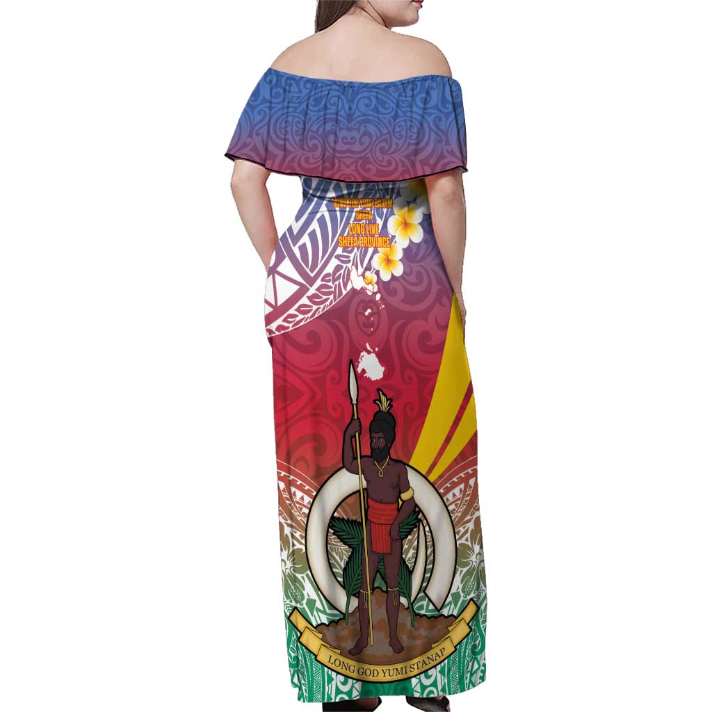 Shefa Province Family Matching Off Shoulder Maxi Dress and Hawaiian Shirt Vanuatu Pattern Map - Plumeria Flag Color