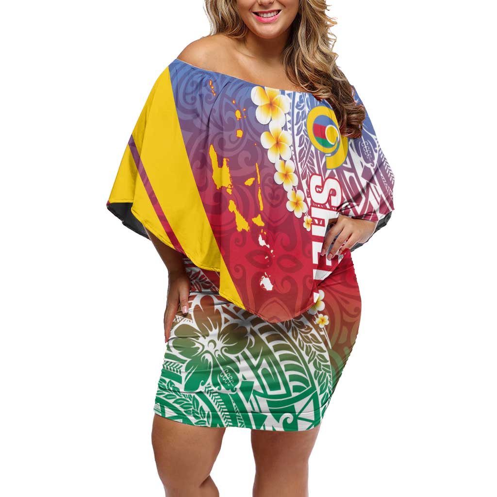 Shefa Province Off Shoulder Short Dress Vanuatu Pattern Map - Plumeria Flag Color