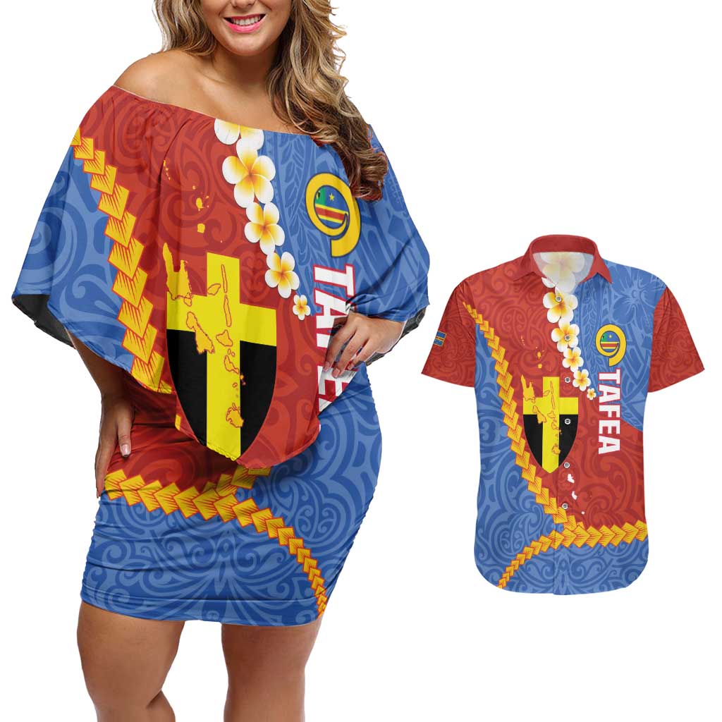 Tafea Province Couples Matching Off Shoulder Short Dress and Hawaiian Shirt Vanuatu Pattern Map - Plumeria Flag Color