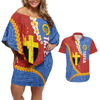 Tafea Province Couples Matching Off Shoulder Short Dress and Hawaiian Shirt Vanuatu Pattern Map - Plumeria Flag Color