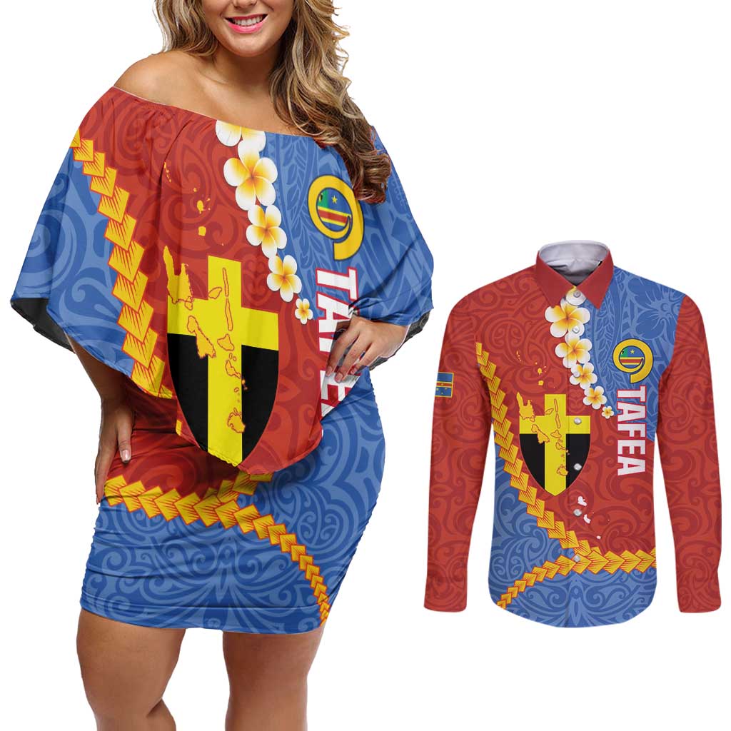 Tafea Province Couples Matching Off Shoulder Short Dress and Long Sleeve Button Shirt Vanuatu Pattern Map - Plumeria Flag Color