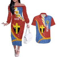 Tafea Province Couples Matching Off The Shoulder Long Sleeve Dress and Hawaiian Shirt Vanuatu Pattern Map - Plumeria Flag Color