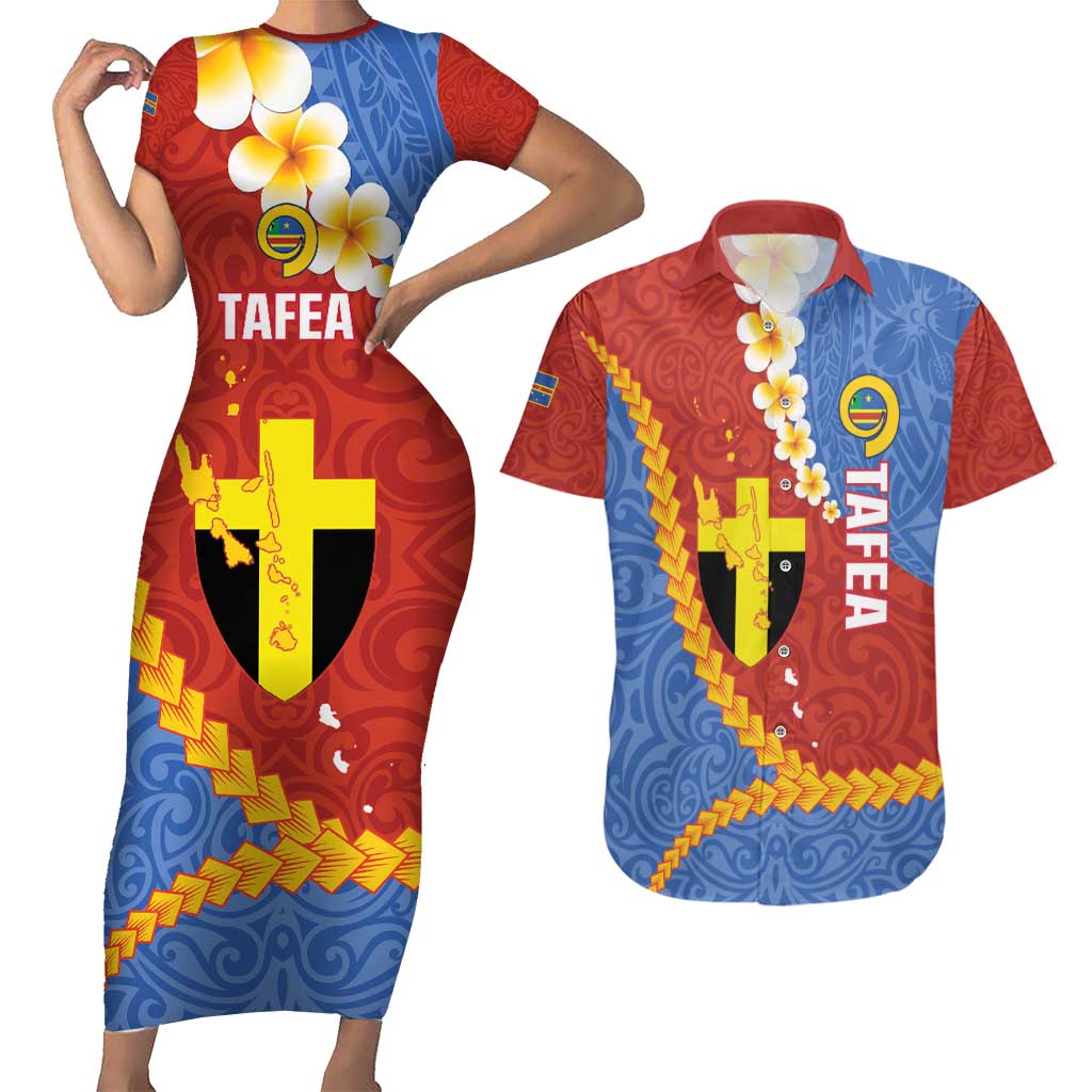 Tafea Province Couples Matching Short Sleeve Bodycon Dress and Hawaiian Shirt Vanuatu Pattern Map - Plumeria Flag Color