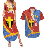 Tafea Province Couples Matching Summer Maxi Dress and Hawaiian Shirt Vanuatu Pattern Map - Plumeria Flag Color LT14 Red - Polynesian Pride