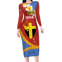 Tafea Province Family Matching Long Sleeve Bodycon Dress and Hawaiian Shirt Vanuatu Pattern Map - Plumeria Flag Color LT14 Mom's Dress Red - Polynesian Pride
