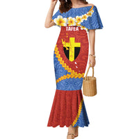 Tafea Province Family Matching Mermaid Dress and Hawaiian Shirt Vanuatu Pattern Map - Plumeria Flag Color LT14 Mom's Dress Red - Polynesian Pride