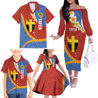 Tafea Province Family Matching Off The Shoulder Long Sleeve Dress and Hawaiian Shirt Vanuatu Pattern Map - Plumeria Flag Color LT14 - Polynesian Pride