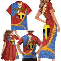 Tafea Province Family Matching Short Sleeve Bodycon Dress and Hawaiian Shirt Vanuatu Pattern Map - Plumeria Flag Color LT14 - Polynesian Pride