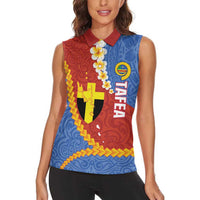 Tafea Province Women Sleeveless Polo Shirt Vanuatu Pattern Map - Plumeria Flag Color