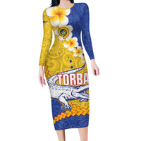 Torba Province Family Matching Long Sleeve Bodycon Dress and Hawaiian Shirt Vanuatu Pattern Crocodile - Plumeria Flag Color LT14 Mom's Dress Yellow - Polynesian Pride