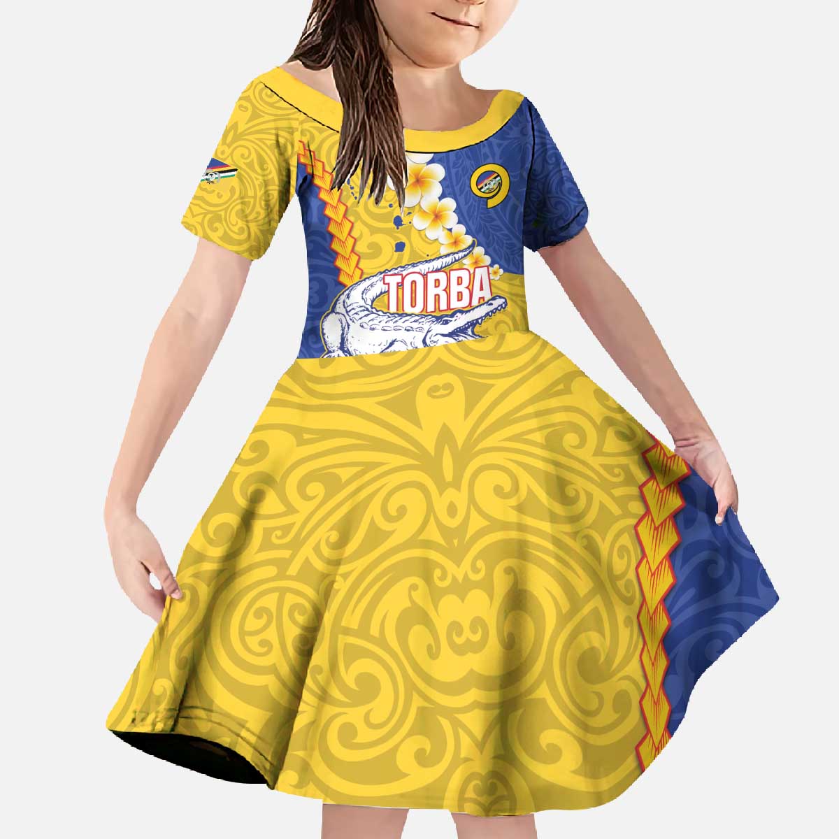 Torba Province Family Matching Off The Shoulder Long Sleeve Dress and Hawaiian Shirt Vanuatu Pattern Crocodile - Plumeria Flag Color LT14 Daughter's Dress Yellow - Polynesian Pride