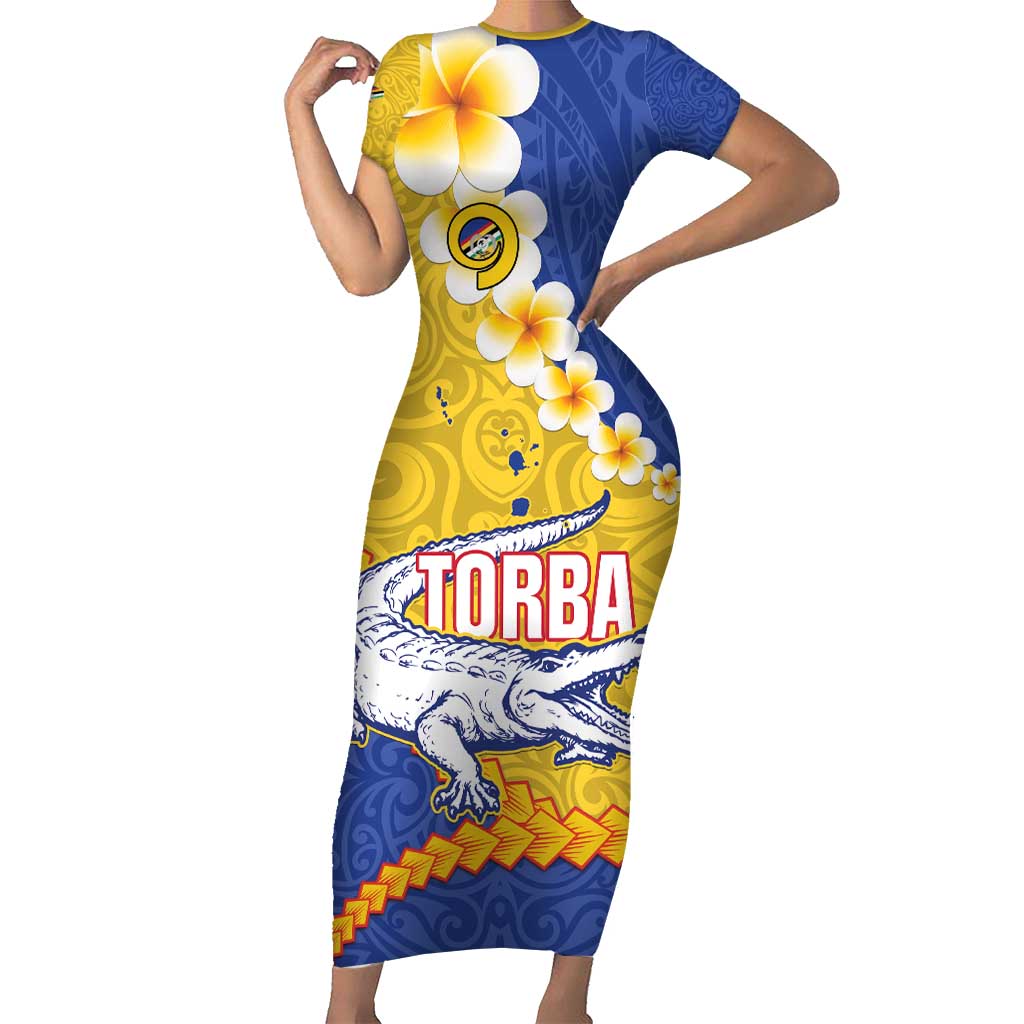 Torba Province Family Matching Short Sleeve Bodycon Dress and Hawaiian Shirt Vanuatu Pattern Crocodile - Plumeria Flag Color LT14 Mom's Dress Yellow - Polynesian Pride