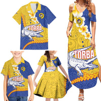 Torba Province Family Matching Summer Maxi Dress and Hawaiian Shirt Vanuatu Pattern Crocodile - Plumeria Flag Color