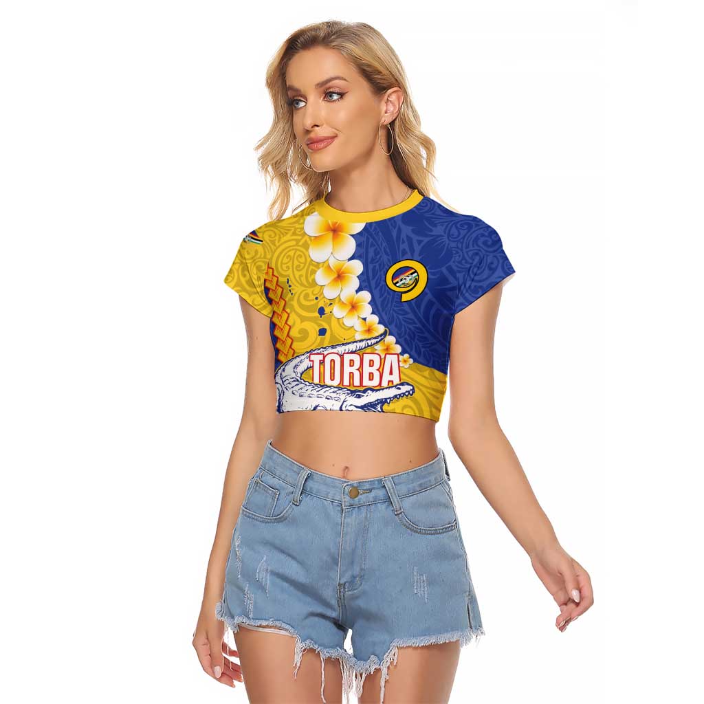 Torba Province Raglan Cropped T Shirt Vanuatu Pattern Crocodile - Plumeria Flag Color