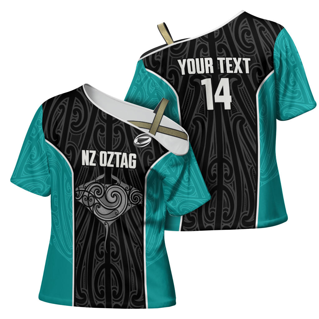 Custom New Zealand Stingray Oztag Cross Shoulder Shirt Tag Rugby Maori Pattern Black Version LT14 - Polynesian Pride