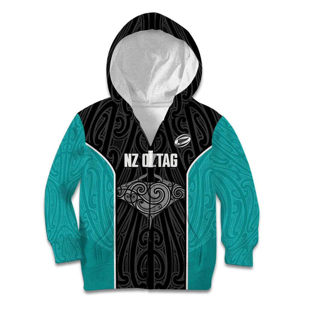 Custom New Zealand Stingray Oztag Kid Hoodie Tag Rugby Maori Pattern Black Version LT14 Zip Hoodie Black - Polynesian Pride