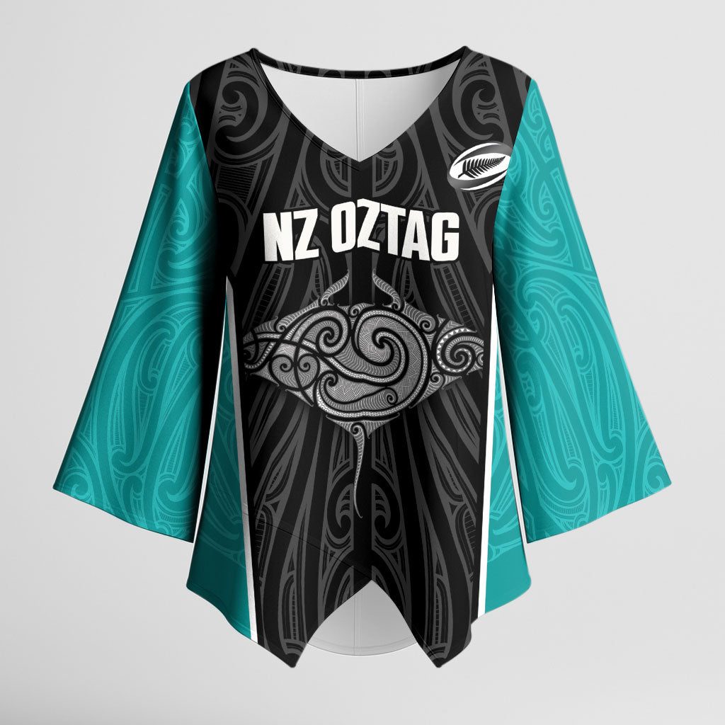Custom New Zealand Stingray Oztag Kimono Sleeve Blouse Tag Rugby Maori Pattern Black Version LT14 Female Black - Polynesian Pride