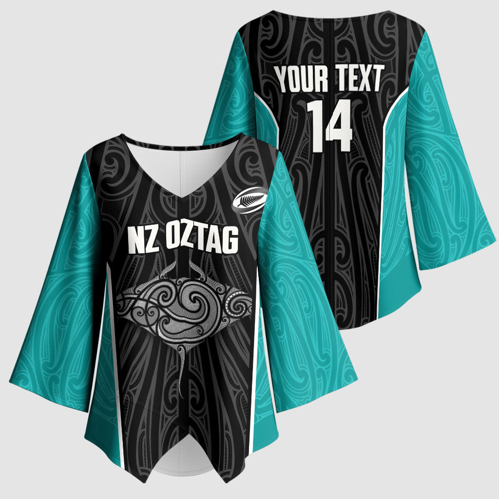 Custom New Zealand Stingray Oztag Kimono Sleeve Blouse Tag Rugby Maori Pattern Black Version LT14 - Polynesian Pride
