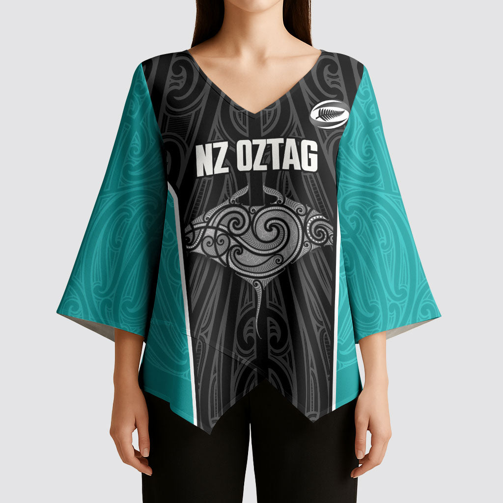 Custom New Zealand Stingray Oztag Kimono Sleeve Blouse Tag Rugby Maori Pattern Black Version LT14 - Polynesian Pride