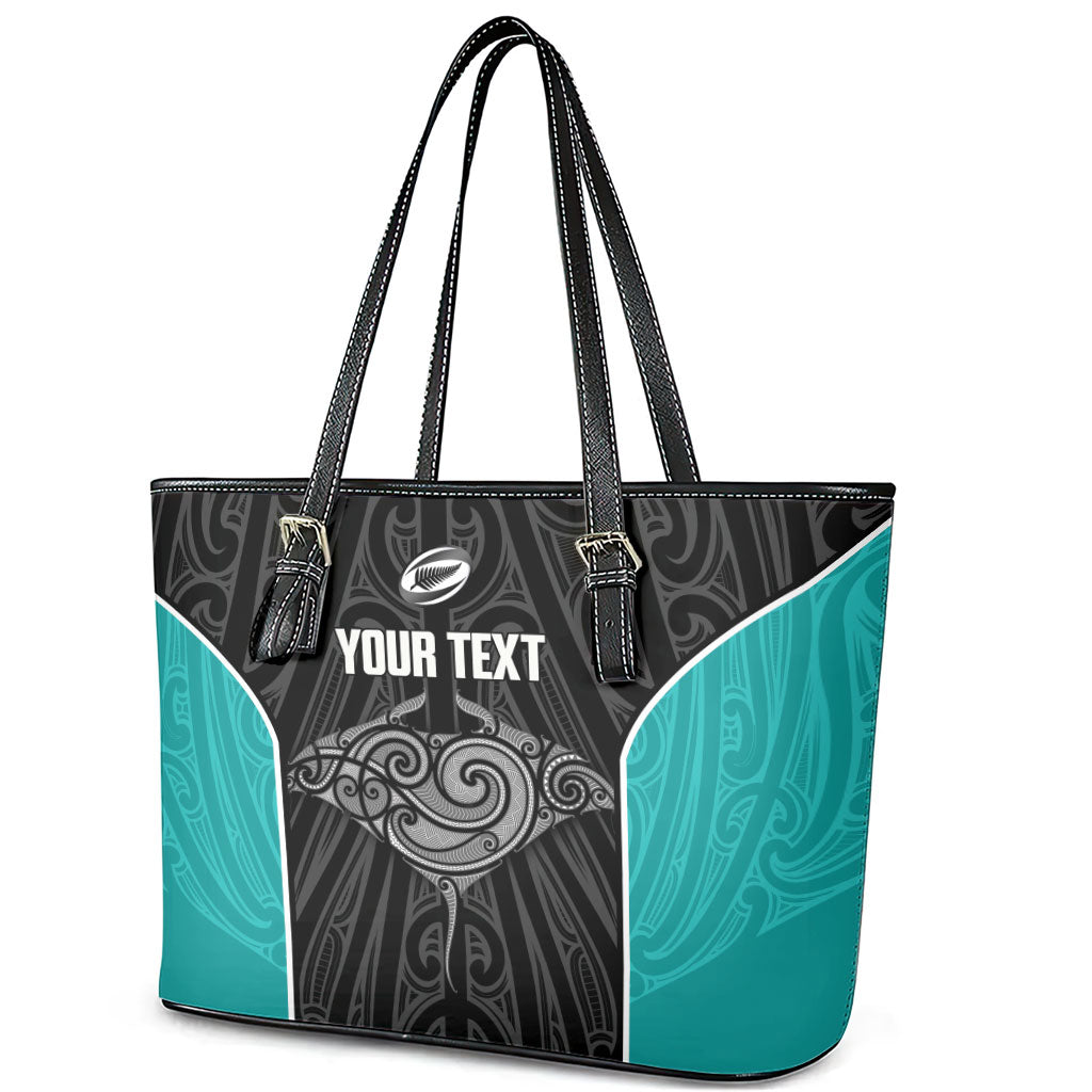 Custom New Zealand Stingray Oztag Leather Tote Bag Tag Rugby Maori Pattern Black Version LT14 - Polynesian Pride