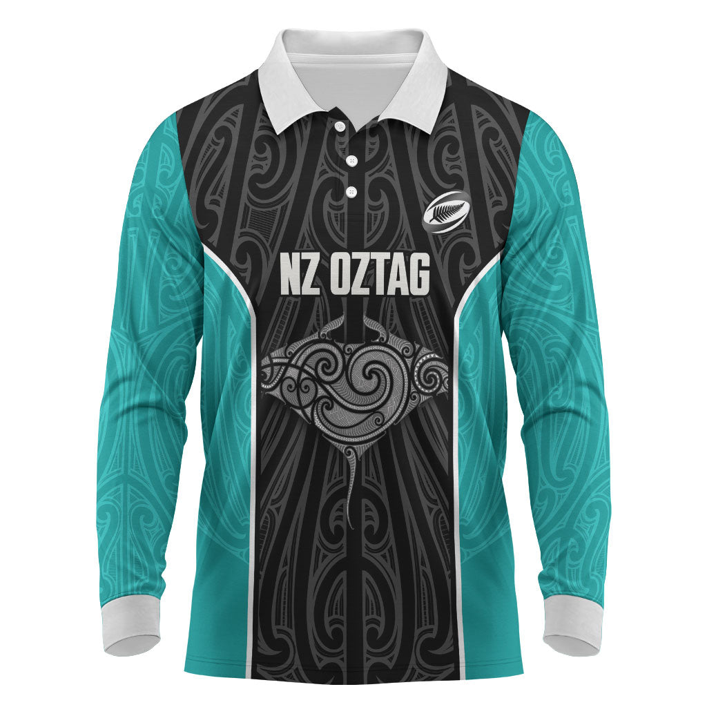 Custom New Zealand Stingray Oztag Long Sleeve Polo Shirt Tag Rugby Maori Pattern Black Version LT14 Black - Polynesian Pride