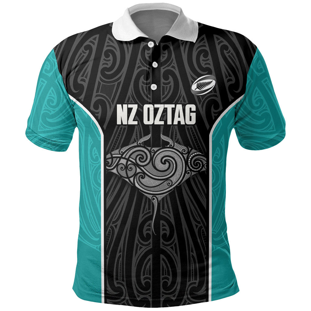 Custom New Zealand Stingray Oztag Polo Shirt Tag Rugby Maori Pattern Black Version LT14 Black - Polynesian Pride