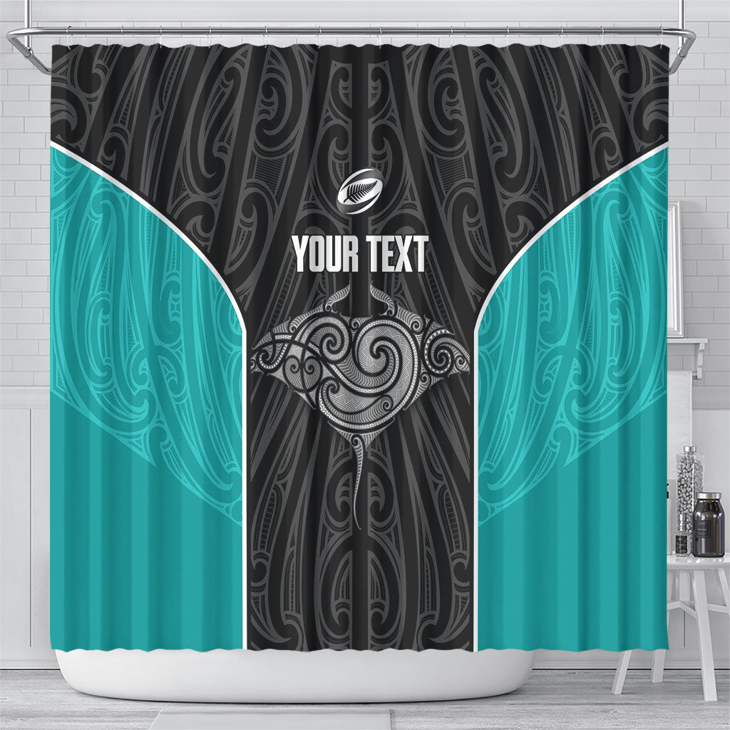 Custom New Zealand Stingray Oztag Shower Curtain Tag Rugby Maori Pattern Black Version LT14 - Polynesian Pride