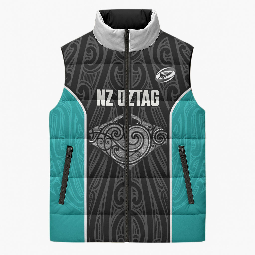 Custom New Zealand Stingray Oztag Sleeveless Puffer Jacket Tag Rugby Maori Pattern Black Version LT14 Unisex Black - Polynesian Pride