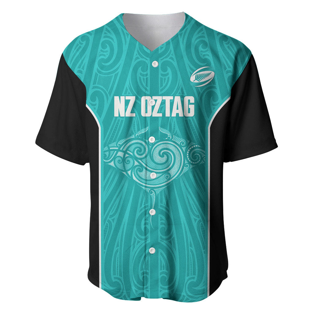Custom New Zealand Stingray Oztag Baseball Jersey Tag Rugby Maori Pattern Teal Version LT14 Teal - Polynesian Pride
