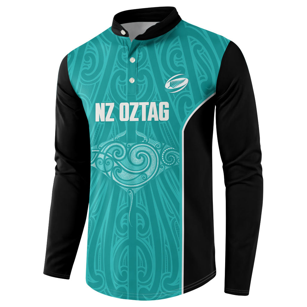 Custom New Zealand Stingray Oztag Button Sweatshirt Tag Rugby Maori Pattern Teal Version LT14 - Polynesian Pride